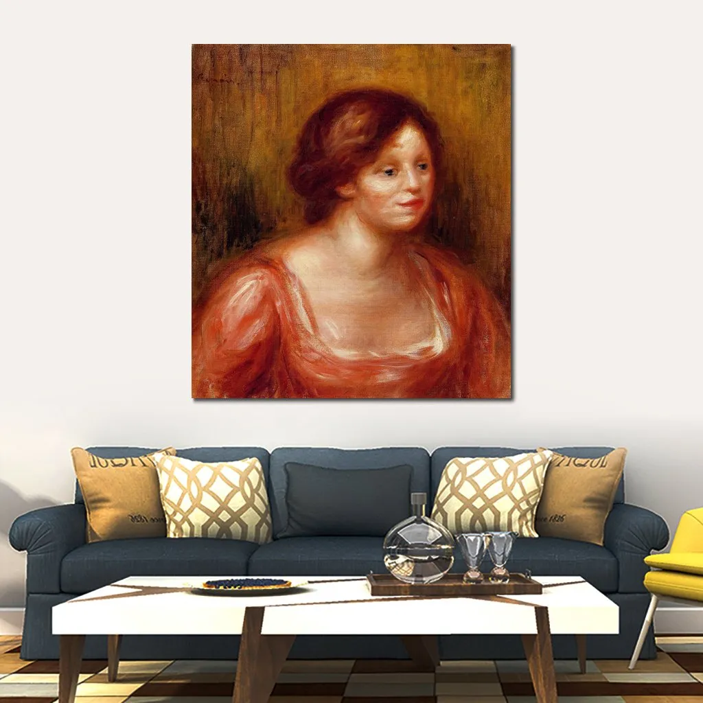 Busto de pintura al óleo de Pierre Auguste Renoir hecho a mano de una mujer en una blusa roja, arte moderno en lienzo, paisaje moderno, decoración para sala de estar