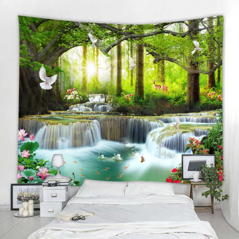 Tapestries Beautiful Natural Forest Waterfall Printed Large Wall Tapestry Sea View Tapestry Home Room Decor