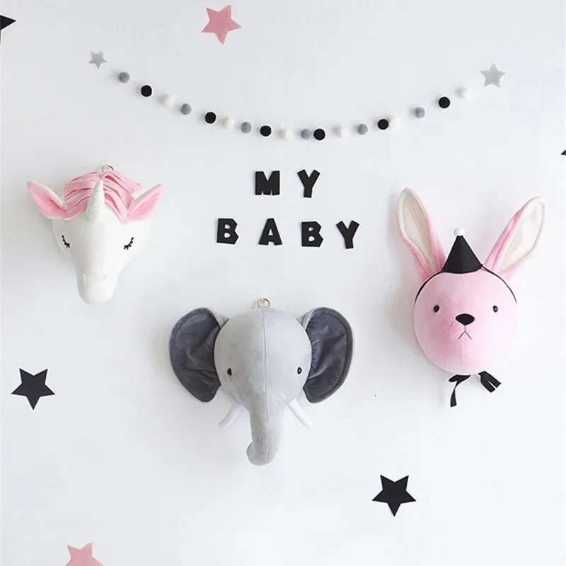 Plush Wall Stuff Plush Animal Heads Elephant Unicorn Wall Decor For Children Baby Girl Christmas Birthday Stuffed Toys Nursery Room Decoration 230707