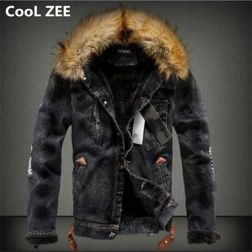 Kurtki męskie Cool ZEE Mens Denim Jacket with Fur Collar Retro Ripped Fleece Jeans i Płaszcz na Jesień Zima S-XXXXL Z230711