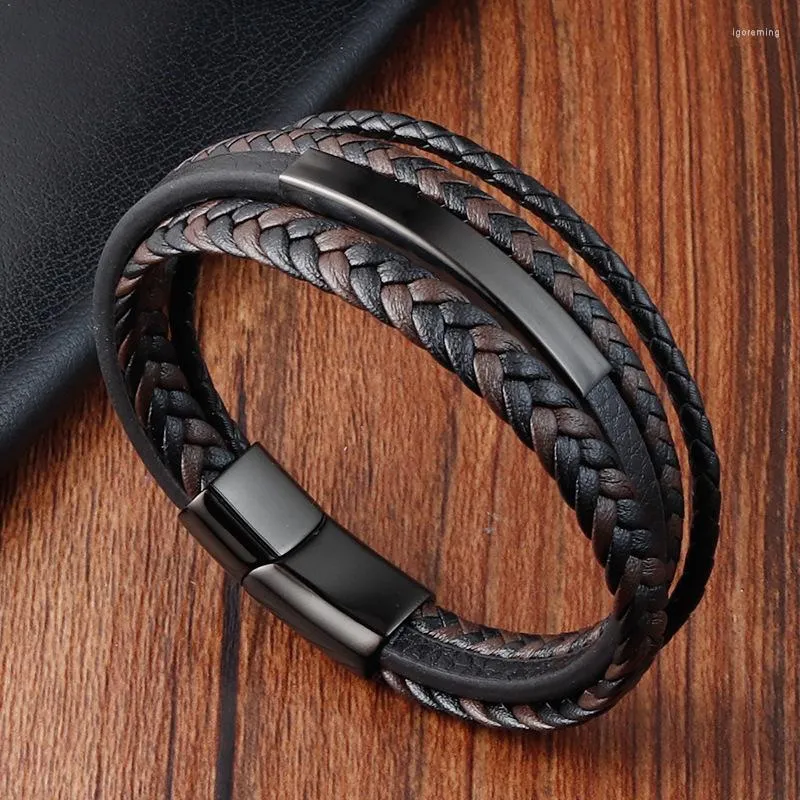 Charm Bracelets Fashion Multi Layer Woven Rope Brown Black Leather Bracelet Stainless Steel Magnetic Buckle Men's Bangles Jewelry