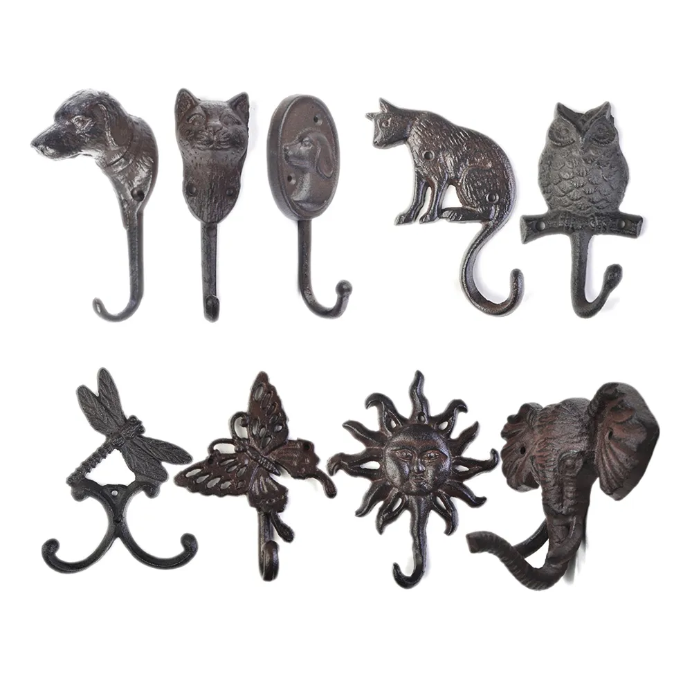 Kitchen Towel Hooks Rustic Cast Iron Hook Dog Cat Owl Dragonfly Butterfly Sunlight Elephant Hanger Wall Mounted Key Coat Rack Decor Bathroom 230710