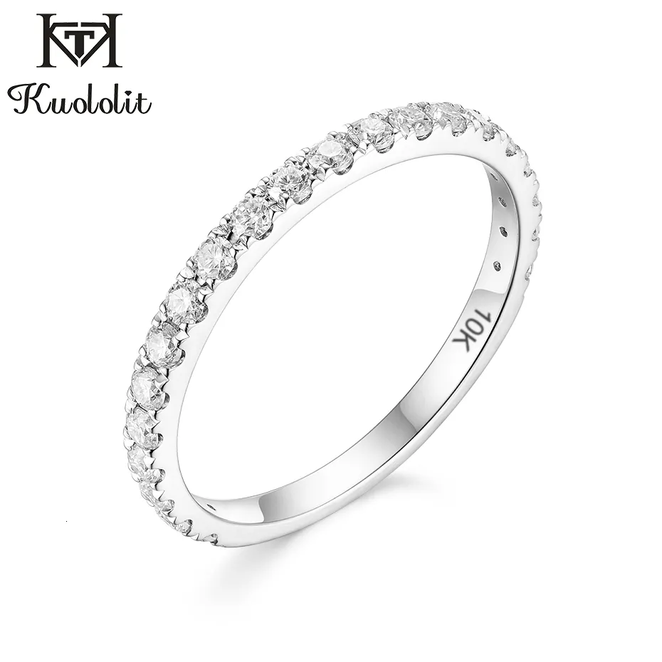 Avec pierres latérales Kuololit Bague en or blanc massif 10K pour femme Solitaire naturel assorti demi-alliance Fiançailles 230710