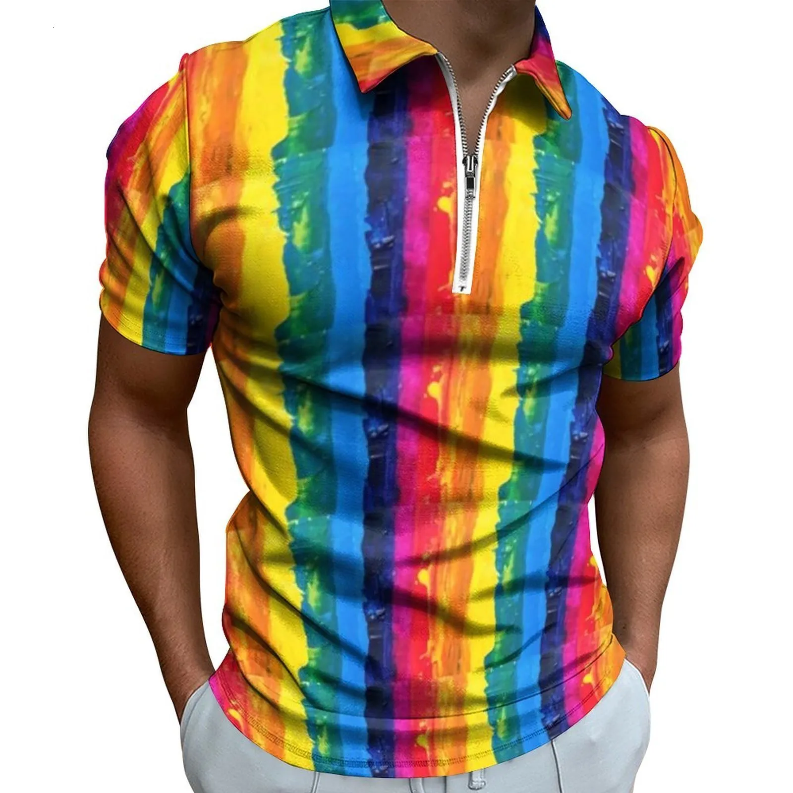 Polos pour hommes Rainbow Pride Polos Hommes Abstract Stripes Art Casual Shirt Plage Y2K Zipper T-Shirts Manches Courtes Conception Oversize Vêtements 230710