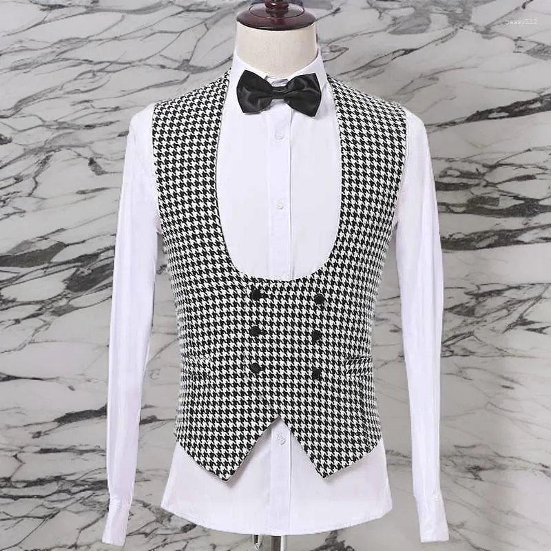 Men's Vests Check Plaid Suit Vest Men With Double Breasted For Gentleman Single One Piece Casual Houndstooth Waistcoat Fashion Costume