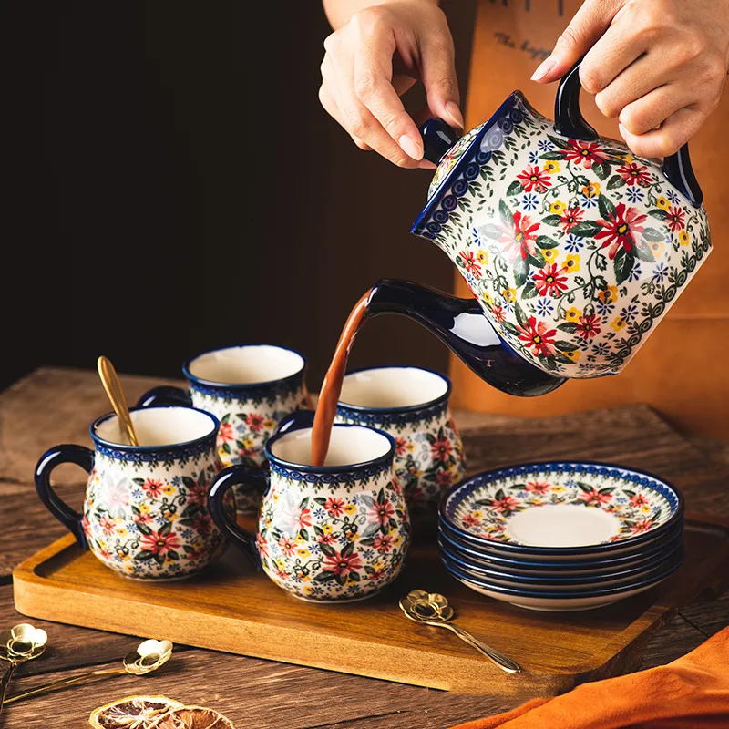 Şarap Gözlükleri Polonya Seramik Kahve Fincan Ev Ofisi Çay Teapot Teapup ve Set Seti Su Sütü Çay Kupa Tepsi ile Öğleden Sonra İçmek