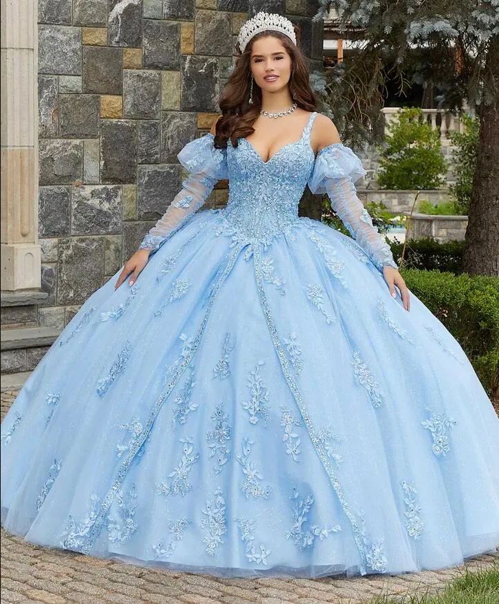 Błękitne wróżki z długim rękawem Quinceanera sukienki aplikacja księżniczka Gillter tiul gorset z dekoltem w serek Vestidos de 15 anos quinceaneras
