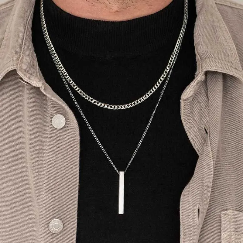 Pendant Necklaces Vnox 3d Vertical Bar for Men Layering Stainless Steel Geometric Layered Wheat Rope Cuban Chain Boy Collar 230613