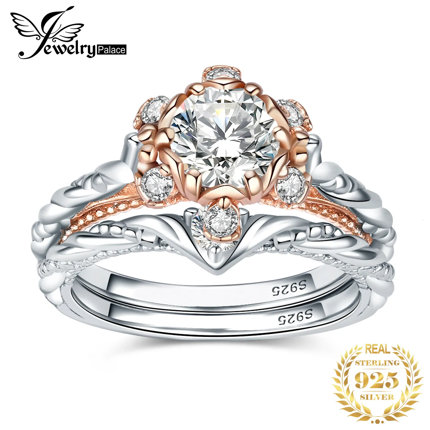 Met Zijstenen Sieraden 2 Stuks 925 Sterling Zilveren Bruiloft Verlovingsring voor Vrouw Bloem 13ct AAAAA CZ Gesimuleerde Diamant Bruidssets 230707