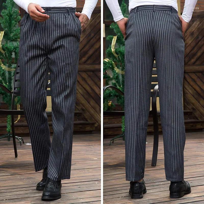 Men's Pants Casual Loose Straight Working Waiter Kitchen Cotton Cargo Striped