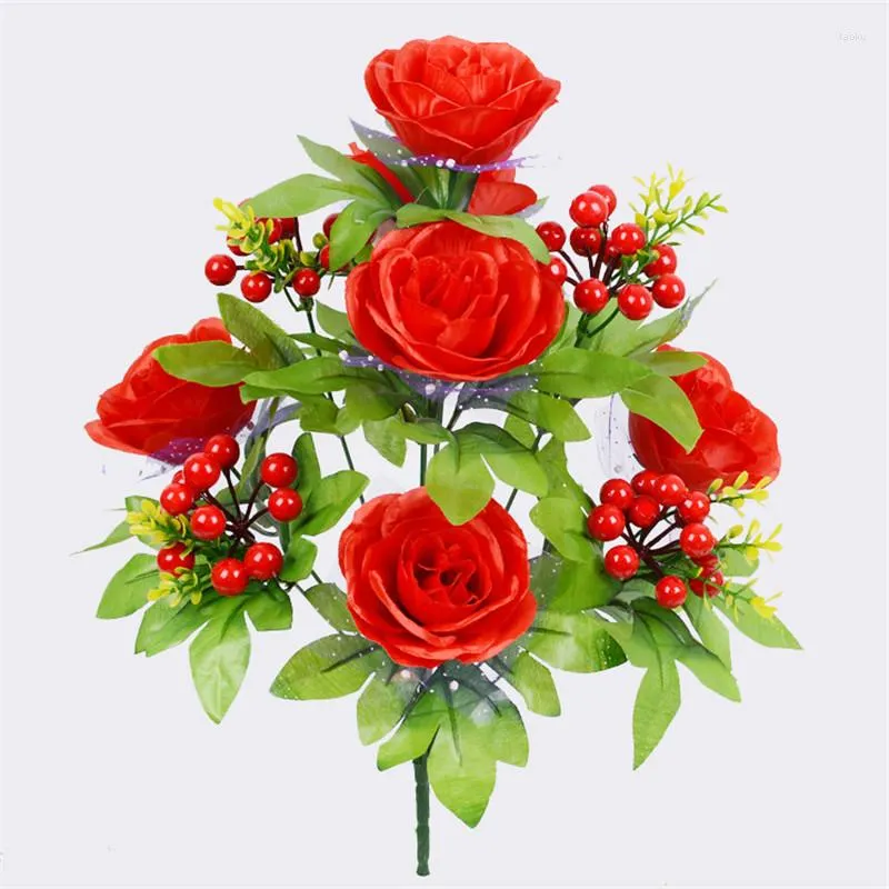 Decorative Flowers Artificial Bouquet 6 Rose With 5 Small Red Fruits Fake Flower Home Decor For DIY Wedding Garden Decoration