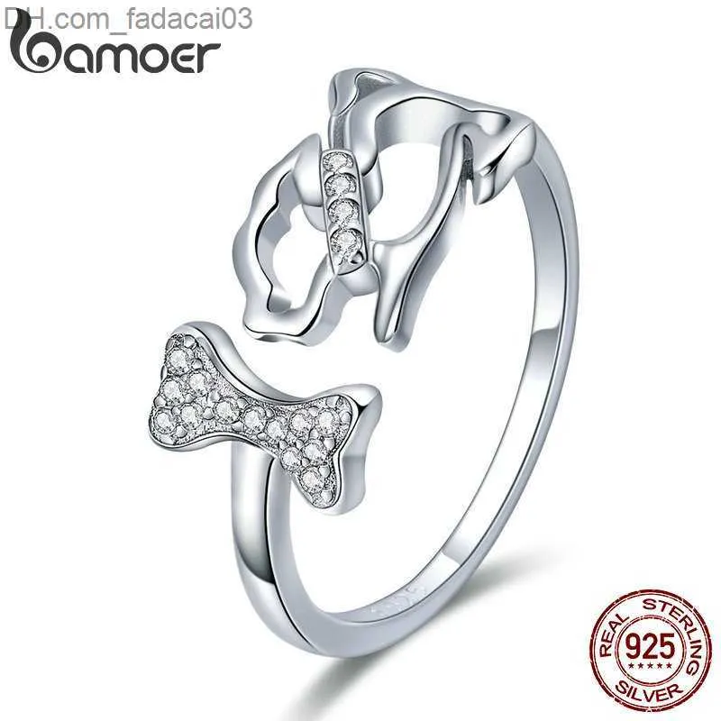 Vigselringar BAMOER 925 Sterling Silver Dog Company Animal Dog and Bone Finger Ring Hona Justerbar storlek Sterling Silver Smycken SCR416 Z230711