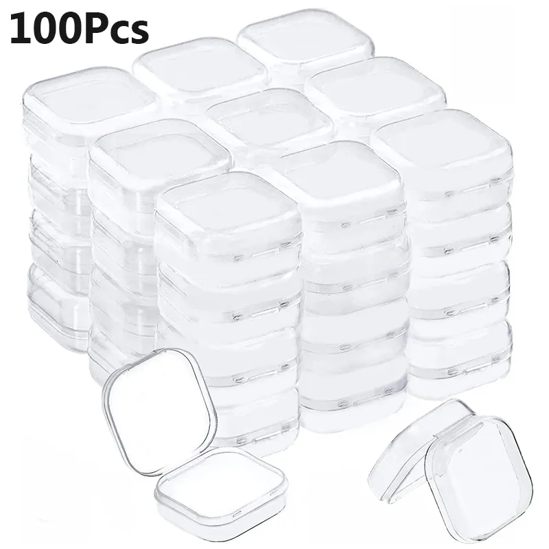 Caixas de embalagem 100Pcs Caixas pequenas Caixa de plástico transparente quadrada Caixa de armazenamento de joias Caixa de armazenamento de acabamento Recipiente Caixa de armazenamento de brincos 230710