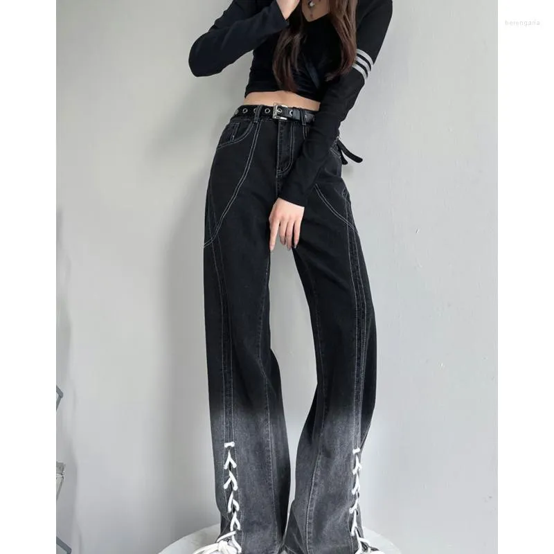 Jeans da donna Gradiente nero Irregolare Trendy High Street Stile Harajuku Design largo Sense Fashion Pantaloni a gamba larga con fascia piccola