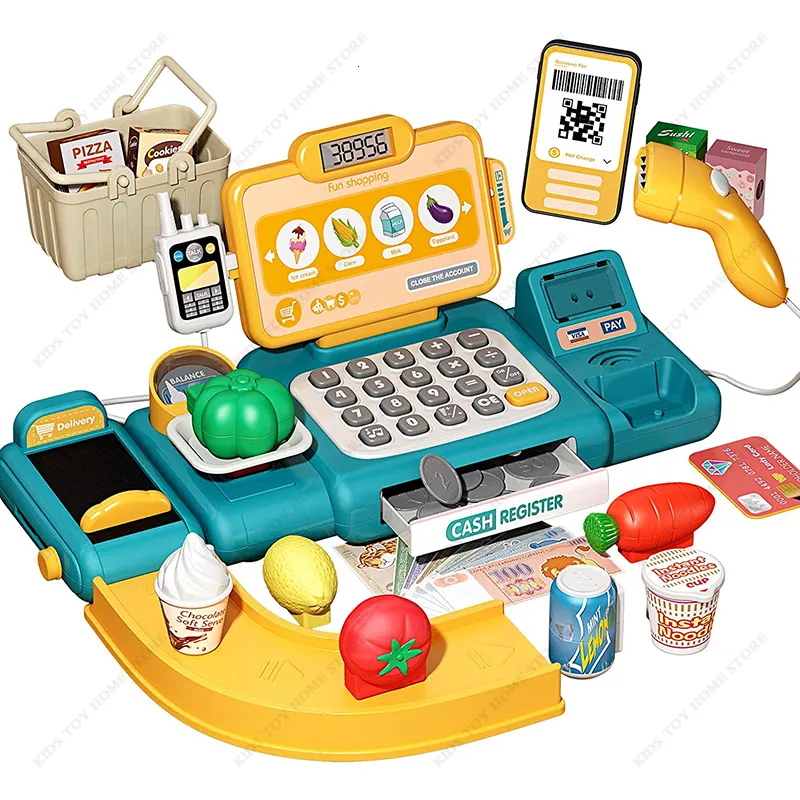 Kitchens Play Food Pretend Play Calculator Cash Register Toy Supermarket Shop Cashier Registers with Scanner Microphone Credit Card Gifts for Kids 230710