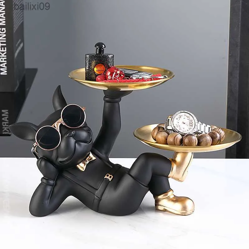 Oggetti decorativi Figurine Scultura in resina animale cane Butler statua Home Bulldog francese con doppio vassoio in metallo Ornamenti da tavola Decor Dog Figurine Art T230710