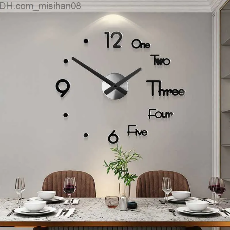 Horloges murales Grande Horloge Murale Quartz 3D DIY Grande Montre Décoration Cuisine Horloge Acrylique Miroir Autocollant Grande Horloge Murale Maison Lettre Décoration Z230710