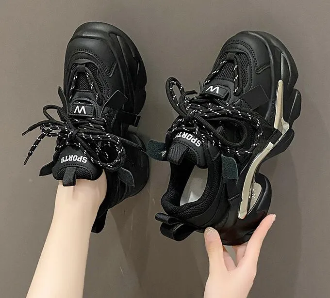 CHOBIN♥•*¨*•.¸♬︎ Chunky Skórzane Trampki: Wysoka Platforma Ulzzang Sports