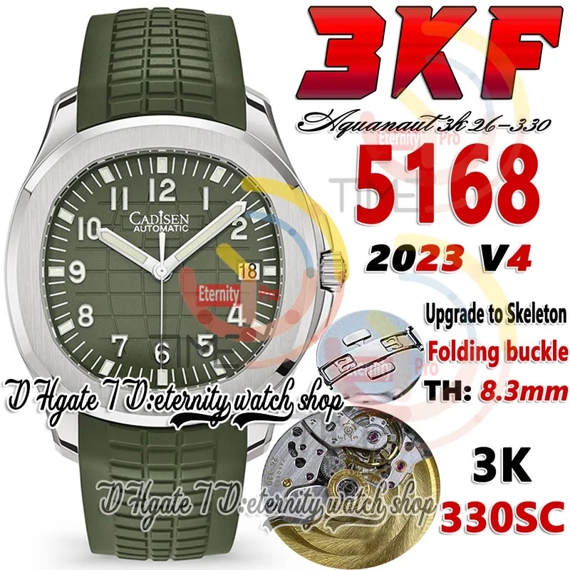 3KF V4 3k5168 A330SC Automatik-Herrenuhr, minimales Geräusch, Bewegung, ultradünnes Zifferblatt mit grüner Textur, Nummernmarkierungen, Edelstahlgehäuse, Gummiband, Super Edition-Uhren