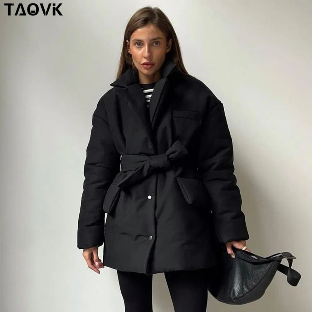 Costumes Taovk nouveau court hiver Parkas femmes chaud vers le bas coton veste femme décontracté vêtements amples une ceinture coton rembourré manteau