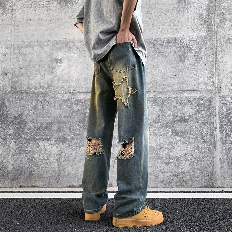 Washed Ripped Jeans for Men Vintage Style Straight Leg Denim Pants,  Summer Trendy Streetwear, Distressed American Fashion Buy Now!