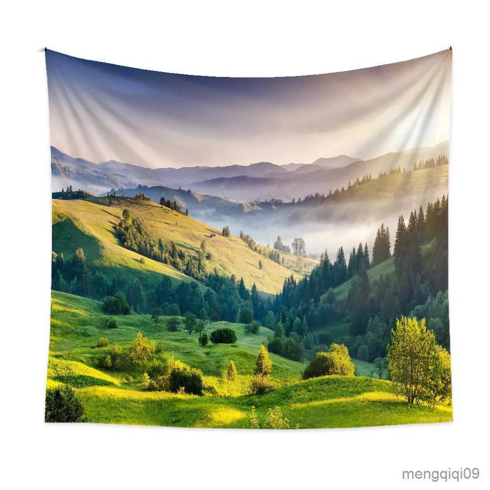 Arazzi Sunshine Forest Arazzo Morning Green Trees Woodland Grasses Misty Natural Landscape Grande decorazione da appendere alla parete per camera da letto dormitorio R230710