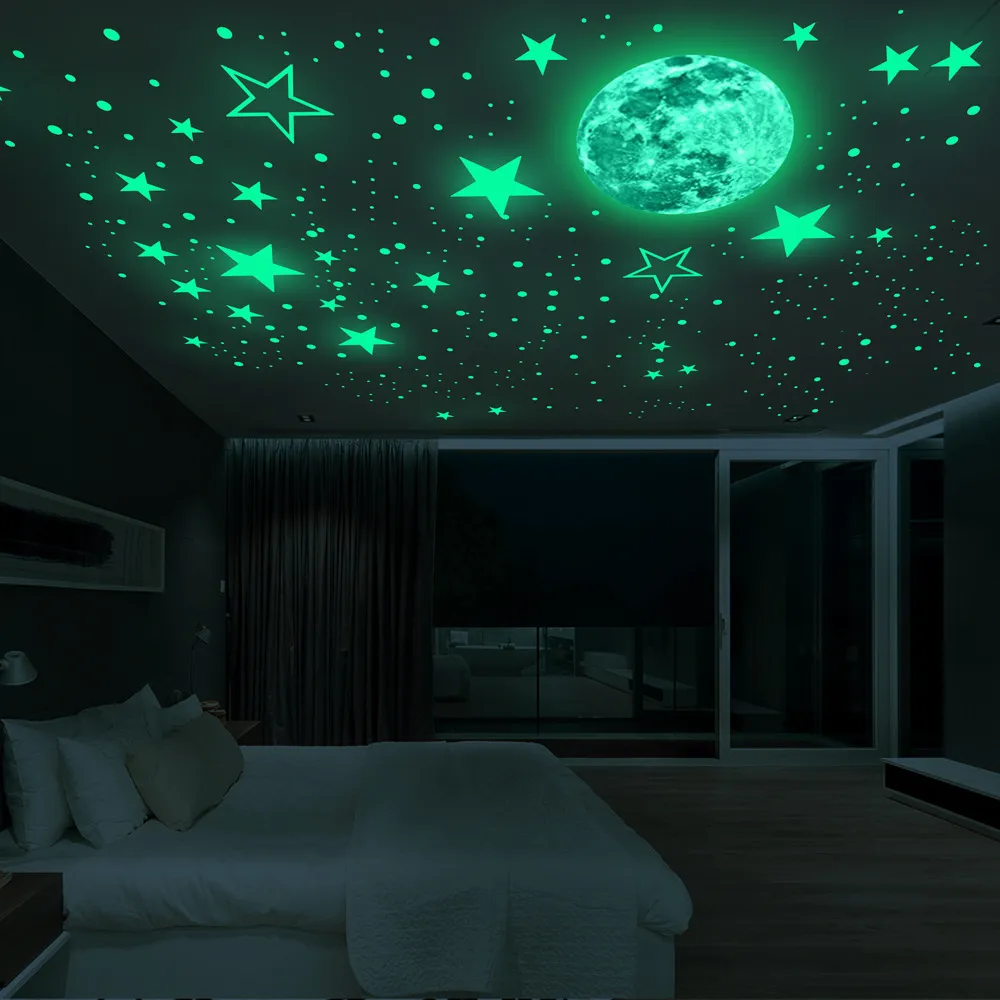 Panneau mural 3D lumineux lune et étoiles autocollants pour chambre d'enfant bébé pépinière décoration de la maison décalcomanies brillent dans le plafond de la chambre sombre 230707