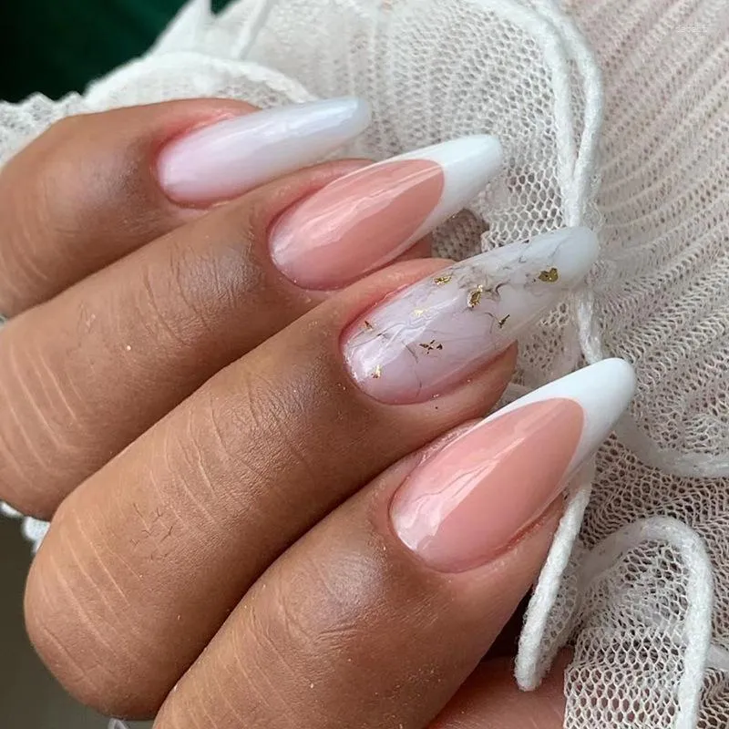 24pcs False Nails With Glue Flower Design Long Coffin French Ballerina Fake  Nails Full Cover Acrylic