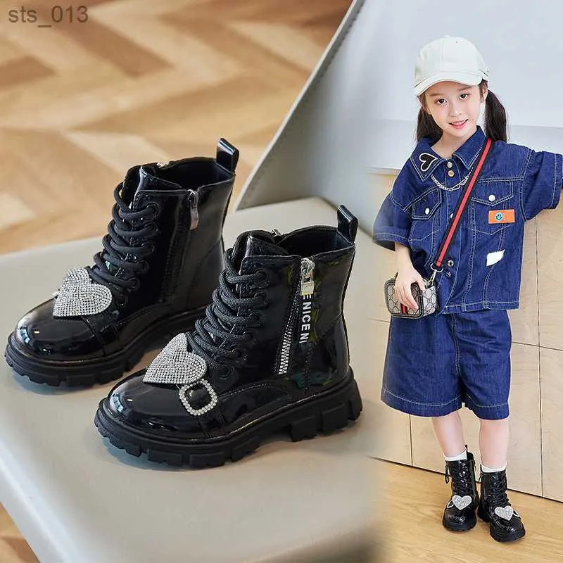 Children Ankle Boots Side Zipper Rhinestones Love 2023 Girls Boots
