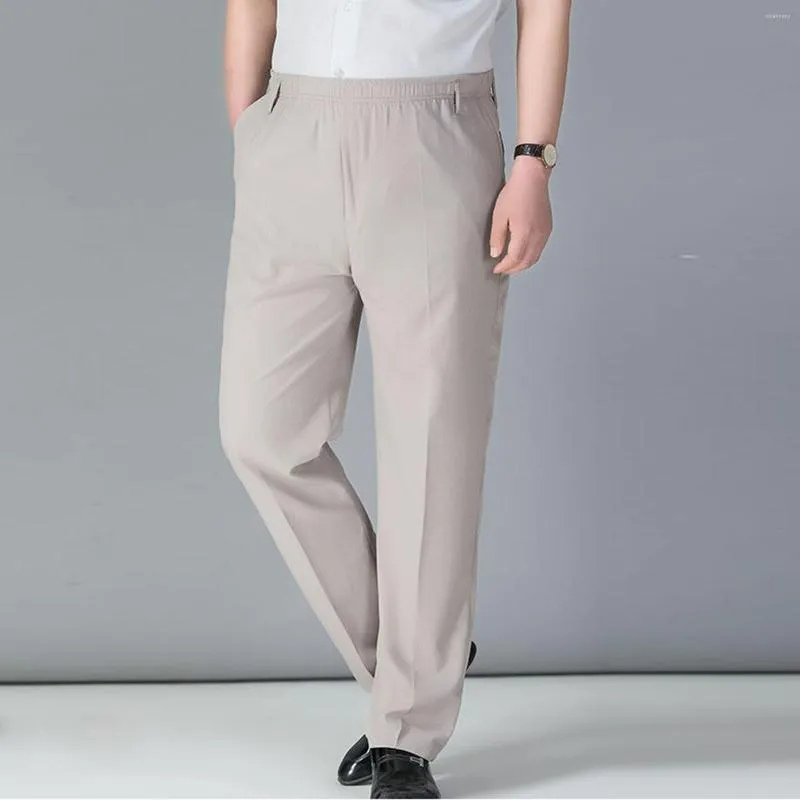 Pantalones para hombre, ropa interior de seda helada suave, tela fina informal de estilo coreano, moda Techwear, pantalones rectos de alta elasticidad, marca masculina