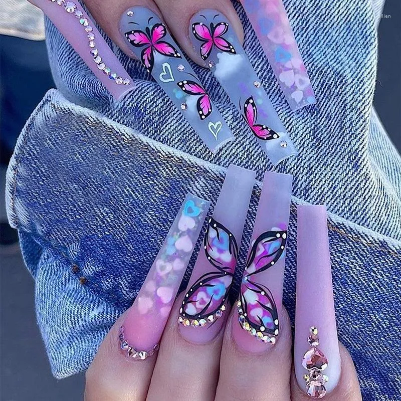 Valse nagels Luxe vlinder gedrukt roze hart Strass pers op nep