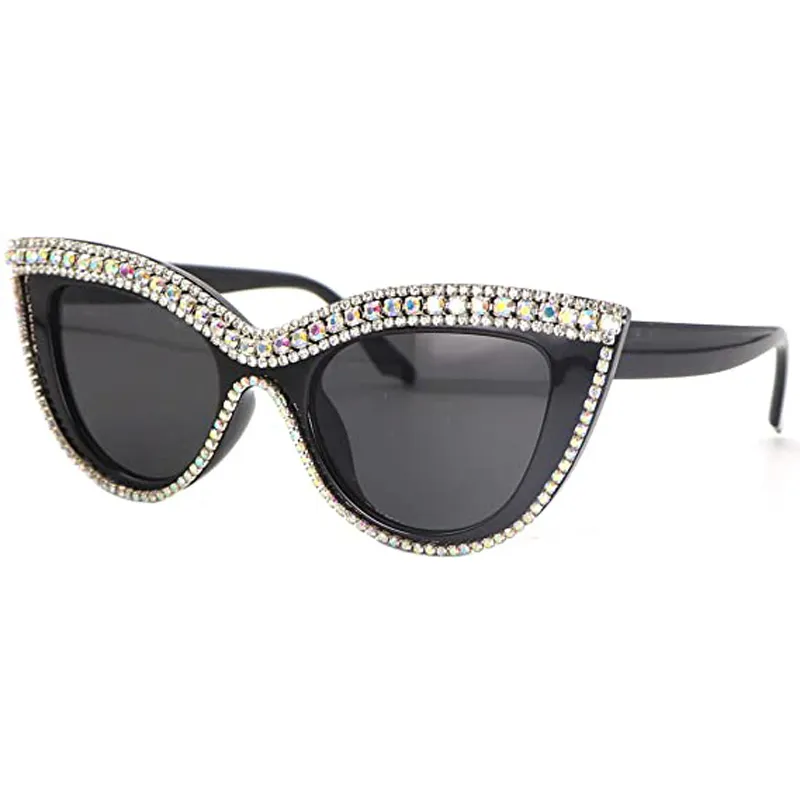 Moda Bling Bling Cat Eye Gafas de sol Mujeres Rhinestone Trim Anteojos Mujer Protección UV400