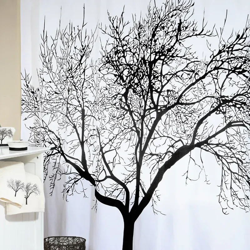 Black Tree Design Shower Curtains Home Bathroom Decor Polyester Shower Curtain Waterproof Fabric Bath Curtain with Hooks *cm