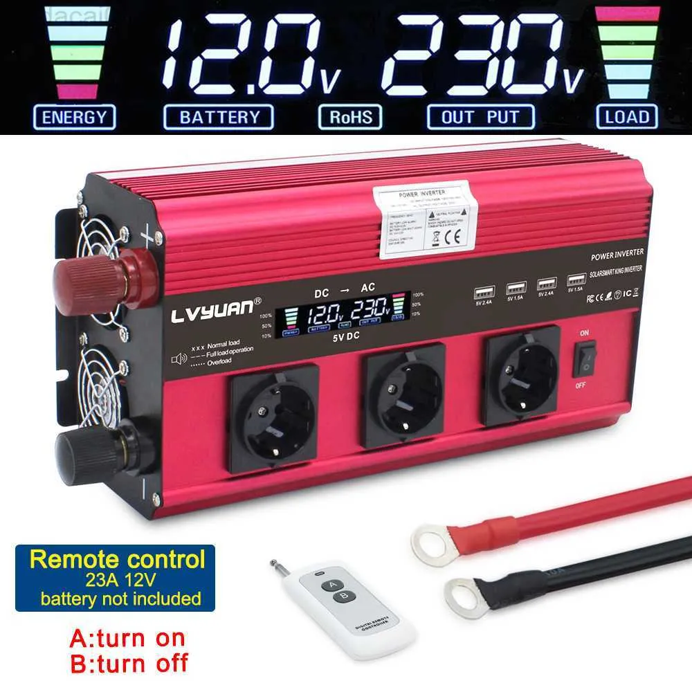 Avviatore di emergenza per auto 5000W Inverter DC 24V 12V a AC 220V 230V Convertitore di alimentazione Schermo LCD a energia solare 4USB 4FAN con telecomando Presa 3AC UE HKD230710