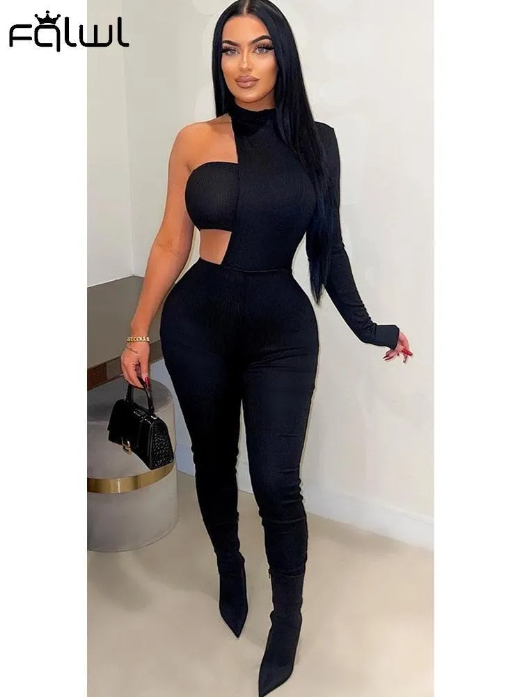 Suits FQLWL Summer Streetwear Black Jumpsuits Outfits For Women 2023 One Pieces One Shoulder Full Body Jumpsuit Bodycon Jumpsuits