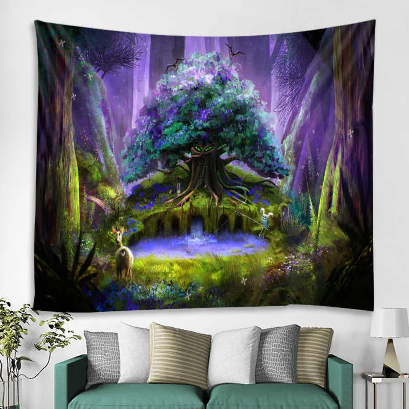Taquestres Woods Fairytale Landscape Panor Pano Tapestry Parede pendurada Tapestry Wall Art Decor