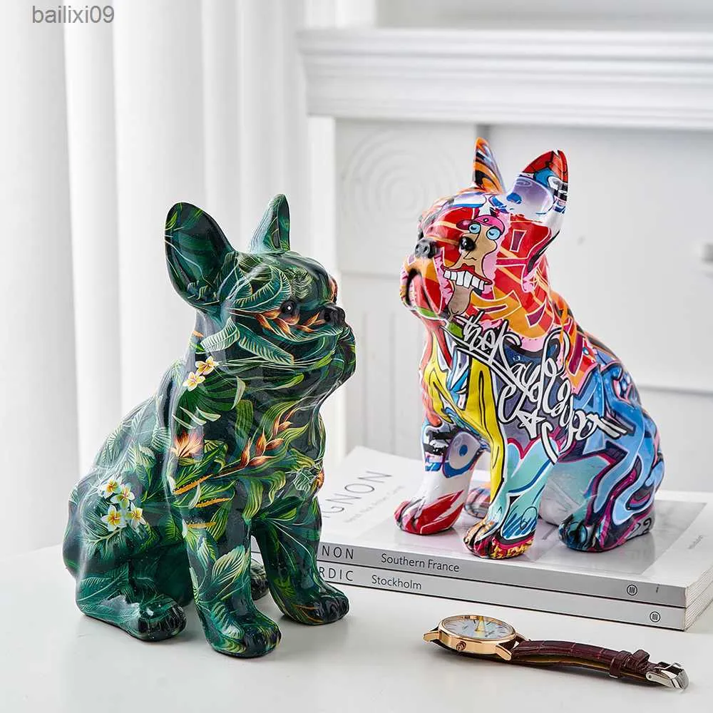 Objets décoratifs Figurines Creative Peint Bulldog Sculpture Chien Statue Nordic Home Living Décoration Kawaii Room Decor Bureau Accessoires Résine Artisanat T230710