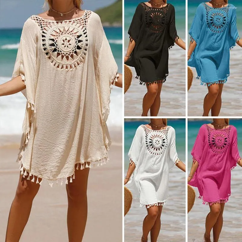 Abiti casual Bikini Cover Up Mezze maniche Nappe all'uncinetto Protezione solare Costume da bagno da spiaggia allentato Mini abito Abbigliamento da spiaggia