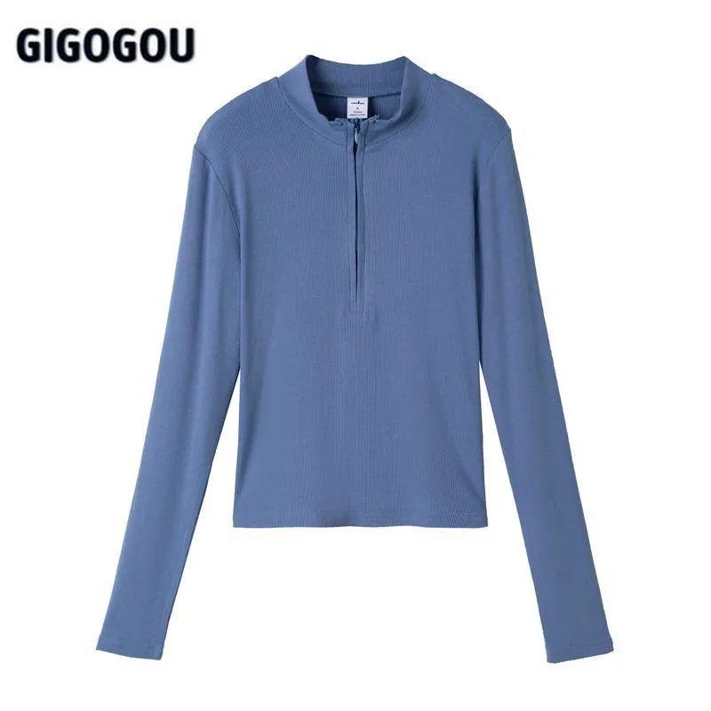 Parkas Gigogou Zipper Basic Women Sweater Korean Style Slim Fit Knitted Pullovers Top Chic Ribbed Casual Female Jumper Spring Jersey