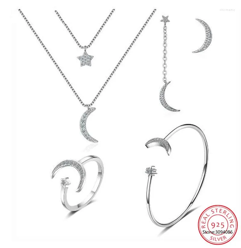 Necklace Earrings Set 925 Sterling Silver Micro Zirconia Moon Star Ring Bracelet Joyas De Plata For Women Girl Gift