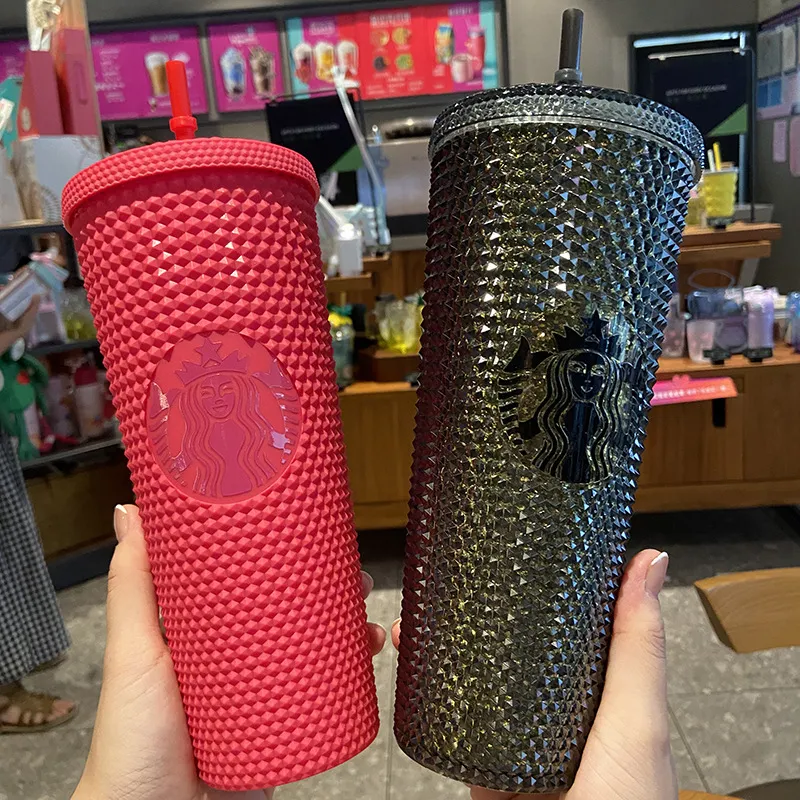 1pc 24oz Personalized Starbucks Mugs with Logo Iridescent Bling Rainbow Studded Cold Cup Tumblers with Straw Reusable