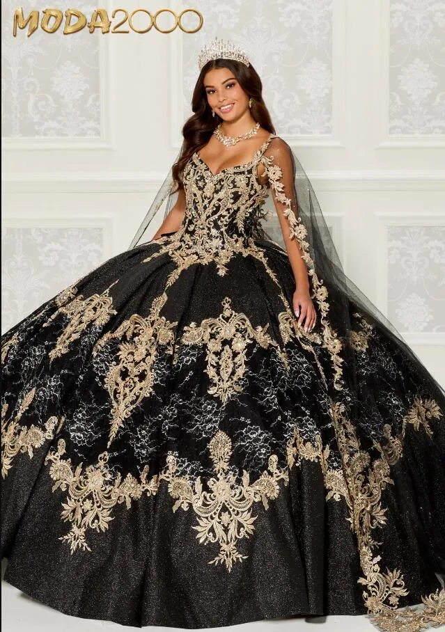 Czarne Spaklry Gothic Quinceanera sukienki z długą peleryną 2023 Gillter cekiny aplikacja gorset duża kokarda vestidos de baile