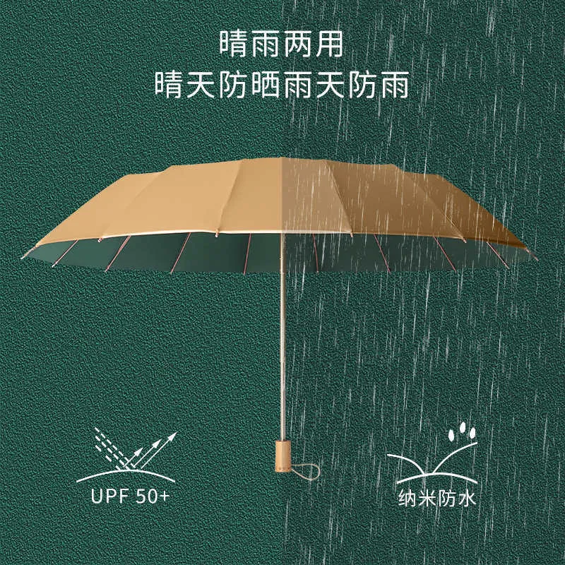 Guarda-chuvas Grande 16 Ossos de Borracha Dourada Guarda-sol Guarda-sol Manual Dobrável Protetor Solar UV Guarda-chuva à prova de vento para mulheres Guarda-chuva ensolarado e chuvoso