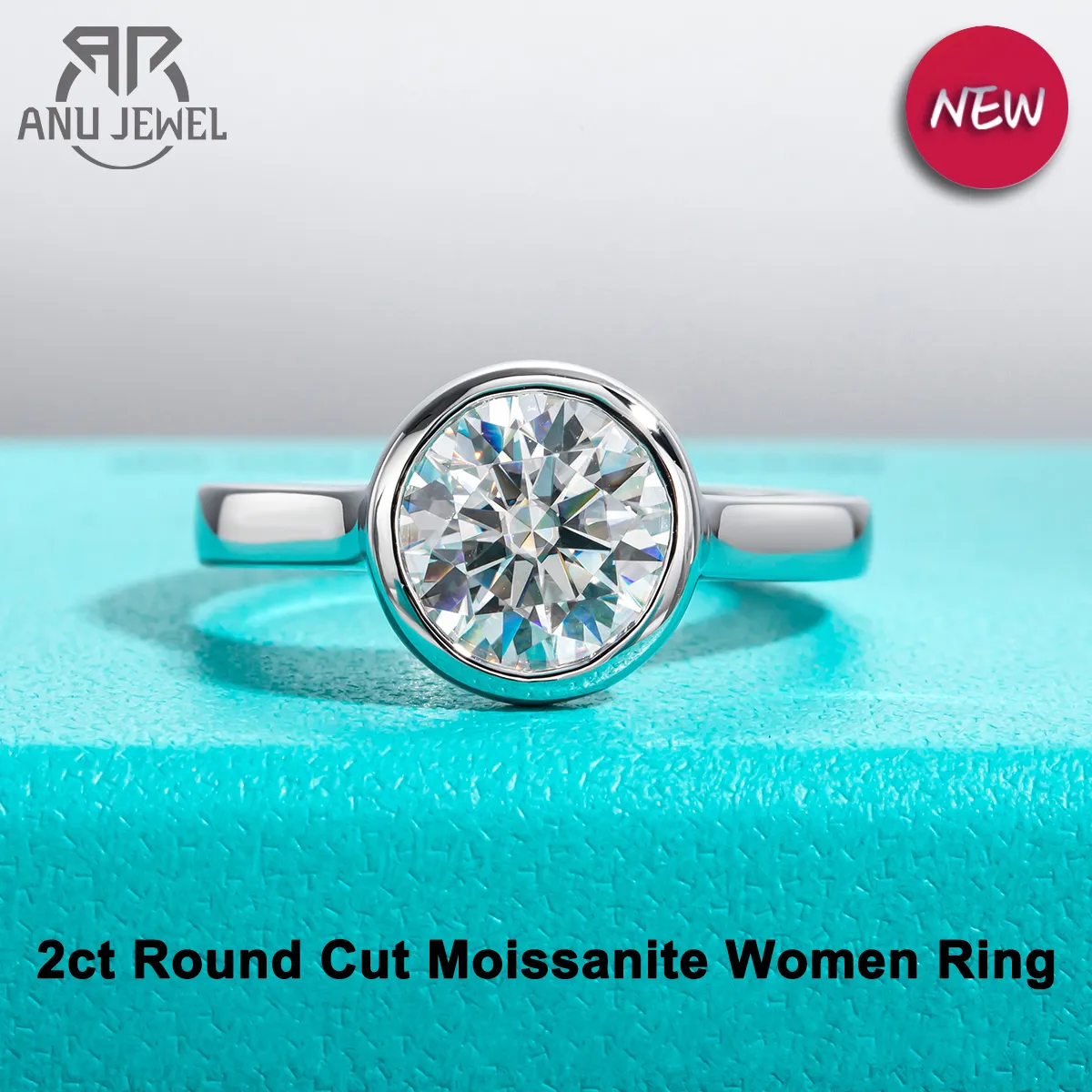 AnuJewel 0,5 ct1ct/2ct/3ct D Farbe Moissanite Lünette, Verlobung, Hochzeit Ring 925 Sterling Silber Ringe Für Frauen schmuck Großhandel