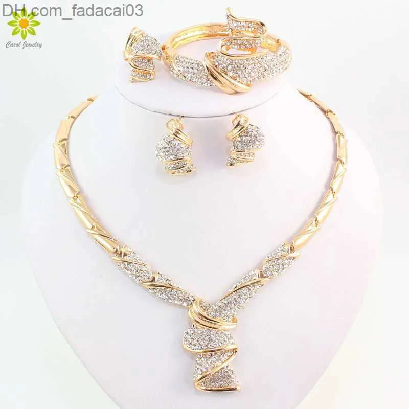 Wedding Rings Wholesale Fashion Gold Alloy Rhinestone Wedding Jewelry Set Necklace Bracelet Ring Earrings Z230712