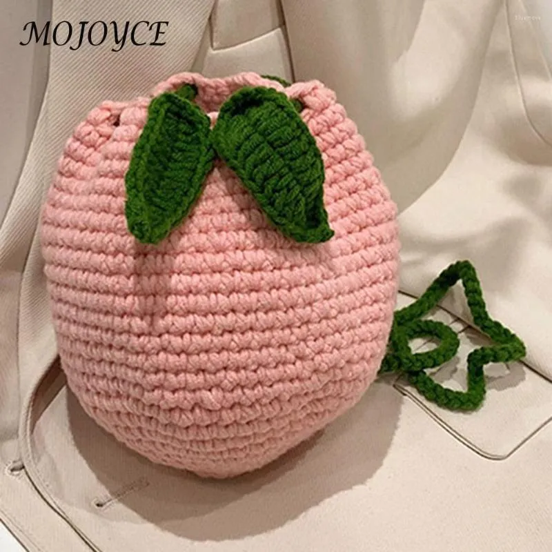 Bolsas de ombro de malha casual personalizadas femininas tecido de frutas fofo feito à mão rosa pêssego para férias/compras mulheres/crianças
