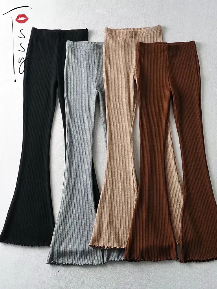 Calças masculinas tossy sólido malha cintura alta flare para mulheres com nervuras casuais leggings feminino elástico bodycon calças moda streetwear 230707