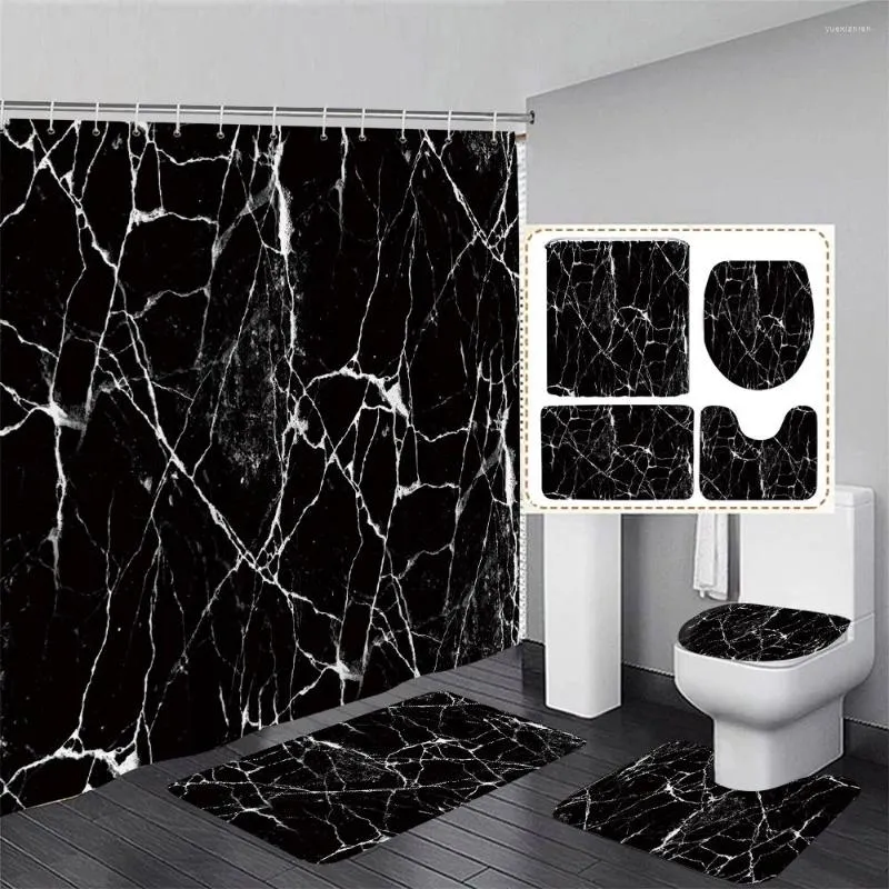 Shower Curtains Black White Marble Curtain Set Abstract Art Textured Pattern Modern Bathroom Decor Non-slip Rug Bath Mat Toilet Lid Cover