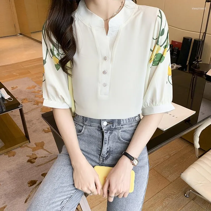 Vrouwen Blouses Koreaanse Mode Print Half Korte Mouw Top Vrouwen 2023 Zomer Chiffon Pullover Casual Shirts Office Lady Wit dames