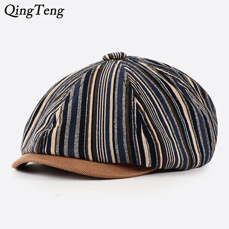 2020 Autumn New Stripes Beret Hats Men Casual Vintage Newsboy Caps All-Match Swag Octagonal Hat Ladies Pumpkin Hat